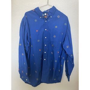 Vintage Ruff Hewn Shirt Mens XL Blue Button Up Long Sleeve Anchor Nautical Theme